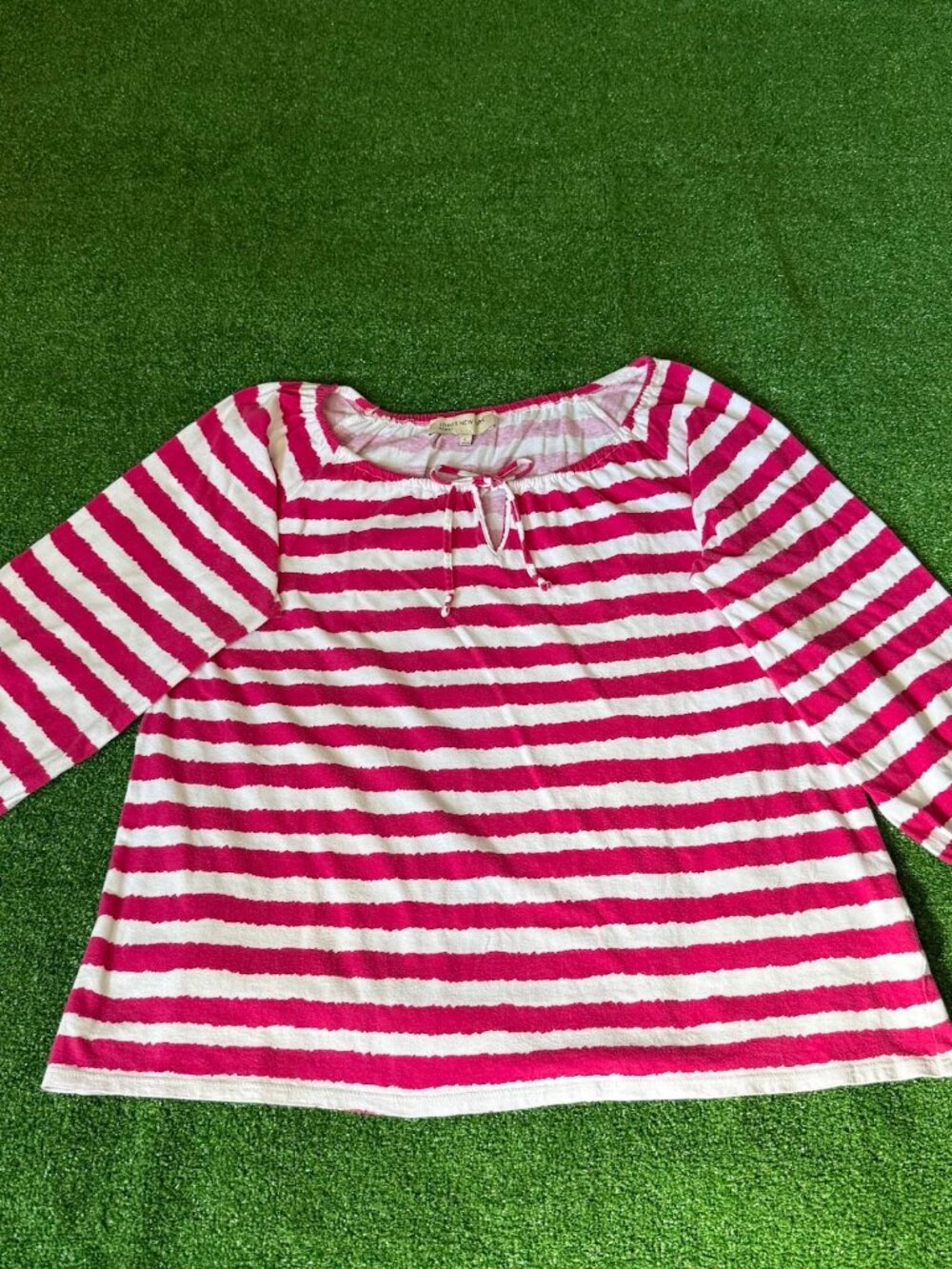 Jones New York Tie Round Neck Pink White Striped 3/4 Sleeve Top Shirt Size L